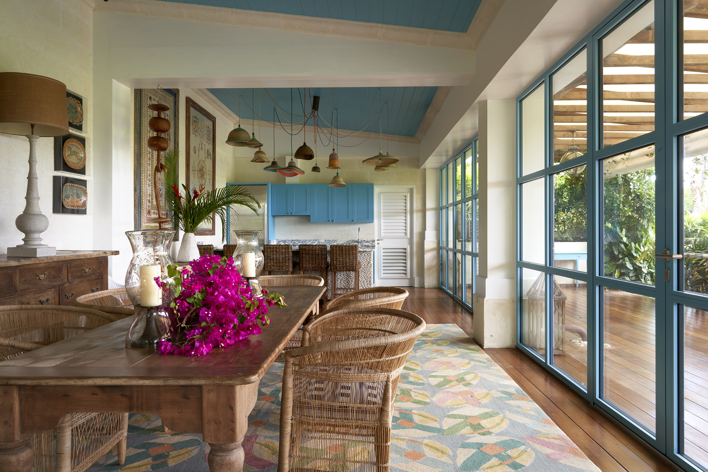 An image of the pavilion from the dining area toward the kitchen. At Rossferry, the Caribbean Property managed by Firmdale.