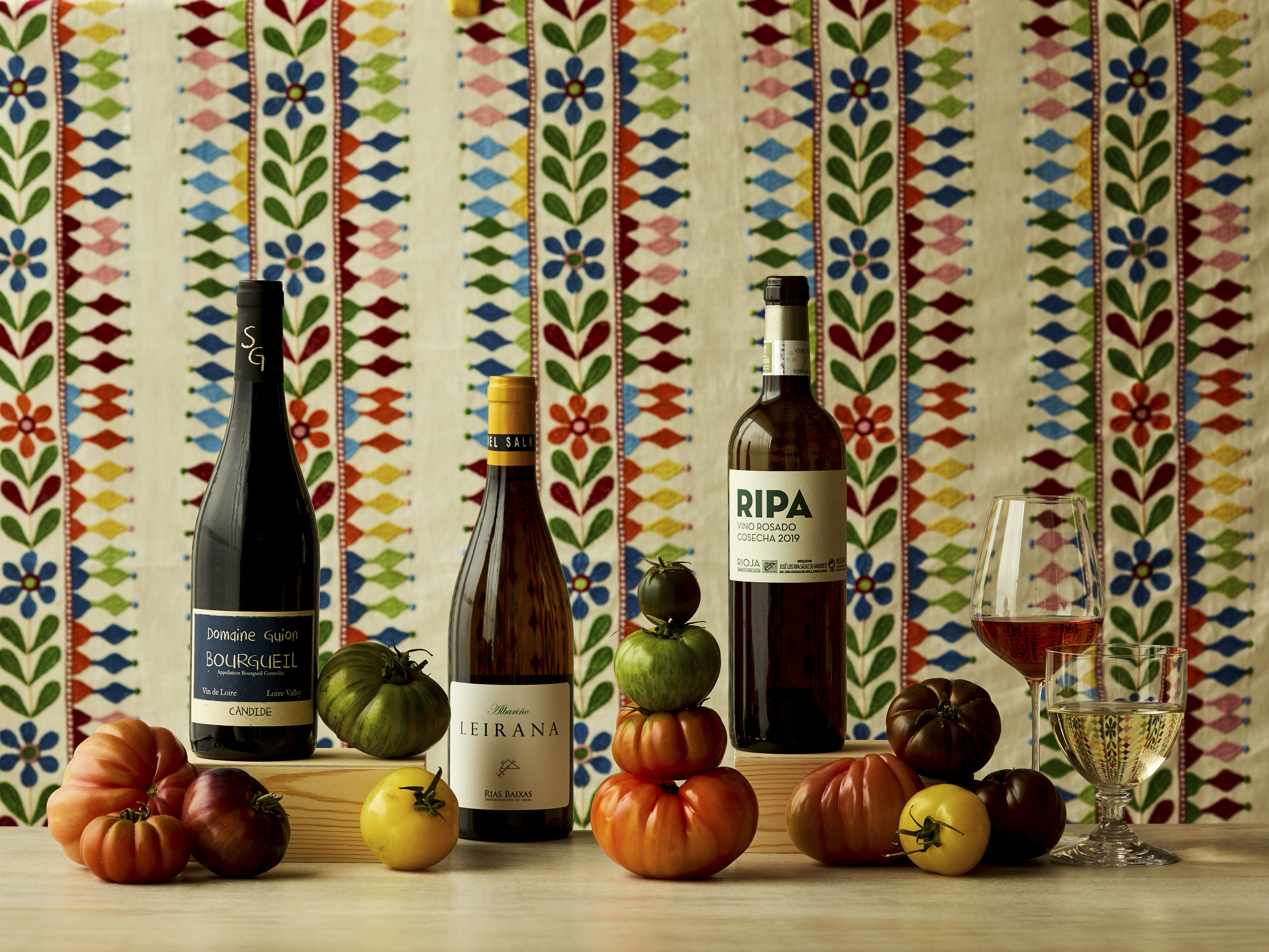 Wide shot of tomatoes and wine